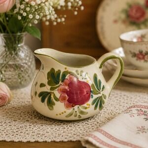 Hand Painted in Portugal Ceramic Pitcher Floral European Artistic Design
